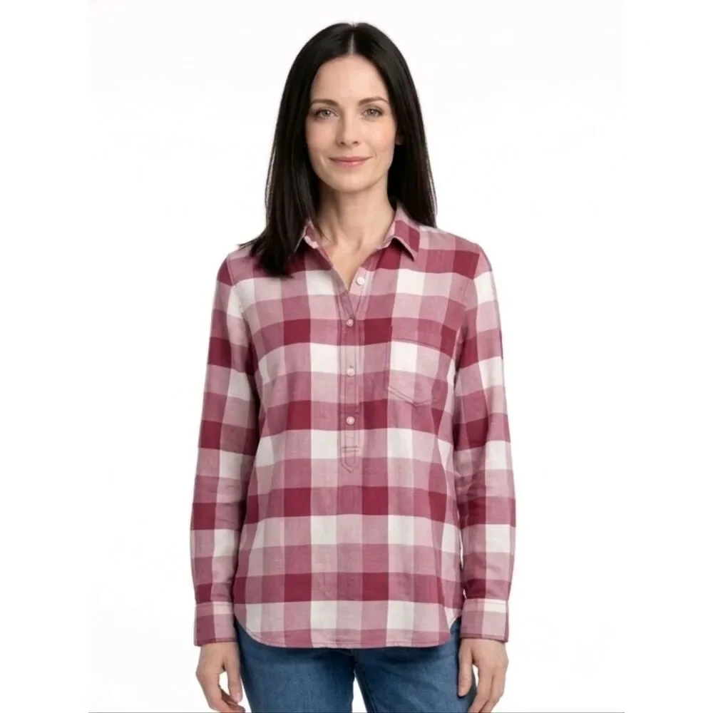 J. Crew Purple Plaid 100% Cotton Half Button Down Long Sleeve Tunic Top